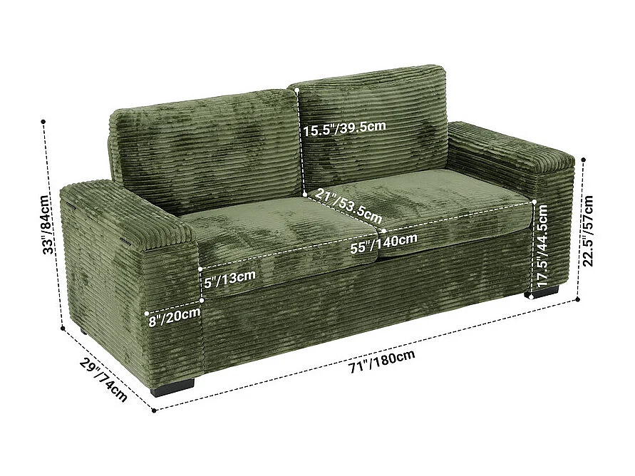 Rechte 2-zits bank in geribbel fluweel Groen - met opbergbare armleuningen - 180x74x84cm