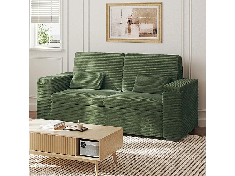 Rechte 2-zits bank in geribbel fluweel Groen - met opbergbare armleuningen - 180x74x84cm