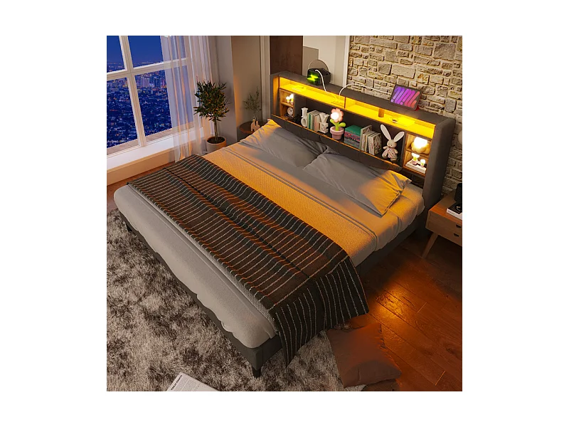 Lit rembourré 140x200cm en Lin Gris, tête de rangement avec LED + charge USB/Type-c/Prise EU, Charge max 200kg