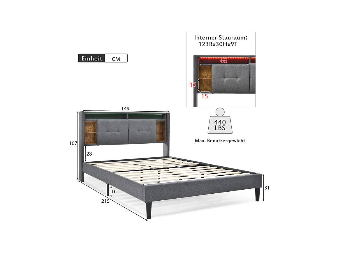 Lit rembourré 140x200cm en Lin Gris, tête de rangement avec LED + charge USB/Type-c/Prise EU, Charge max 200kg