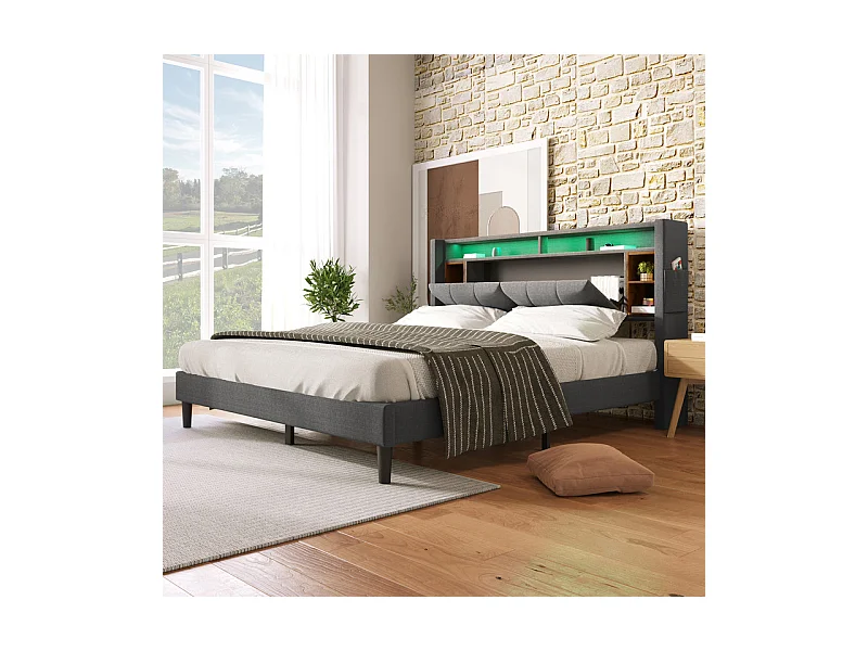 Lit rembourré 140x200cm en Lin Gris, tête de rangement avec LED + charge USB/Type-c/Prise EU, Charge max 200kg