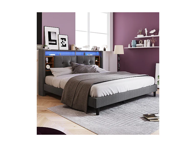 Lit rembourré 140x200cm en Lin Gris, tête de rangement avec LED + charge USB/Type-c/Prise EU, Charge max 200kg