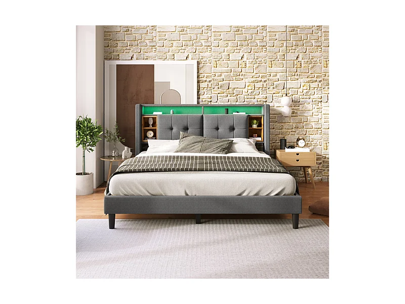 Lit rembourré 140x200cm en Lin Gris, tête de rangement avec LED + charge USB/Type-c/Prise EU, Charge max 200kg