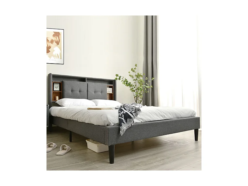 Lit rembourré 140x200cm en Lin Gris, tête de rangement avec LED + charge USB/Type-c/Prise EU, Charge max 200kg