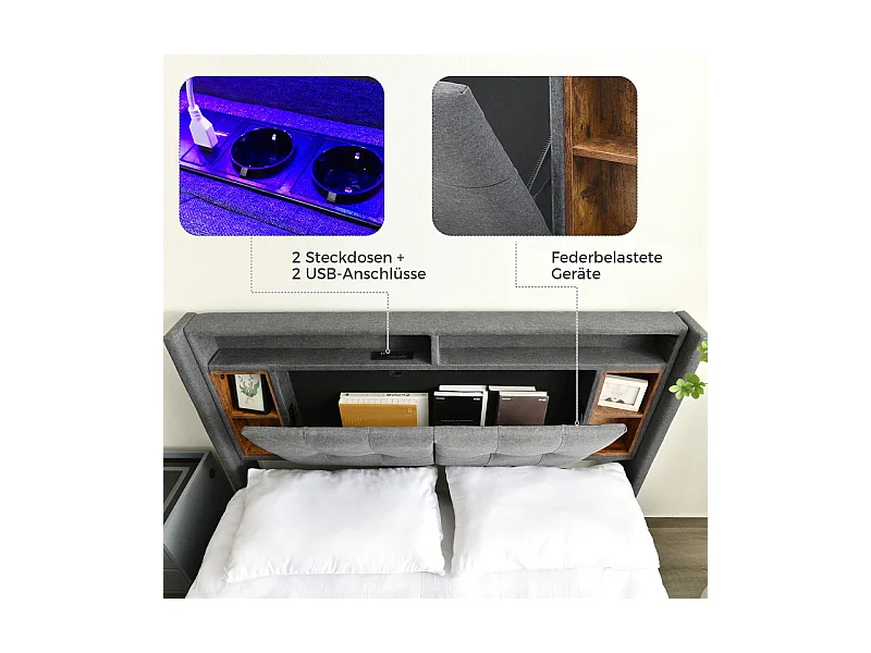 Lit rembourré 140x200cm en Lin Gris, tête de rangement avec LED + charge USB/Type-c/Prise EU, Charge max 200kg