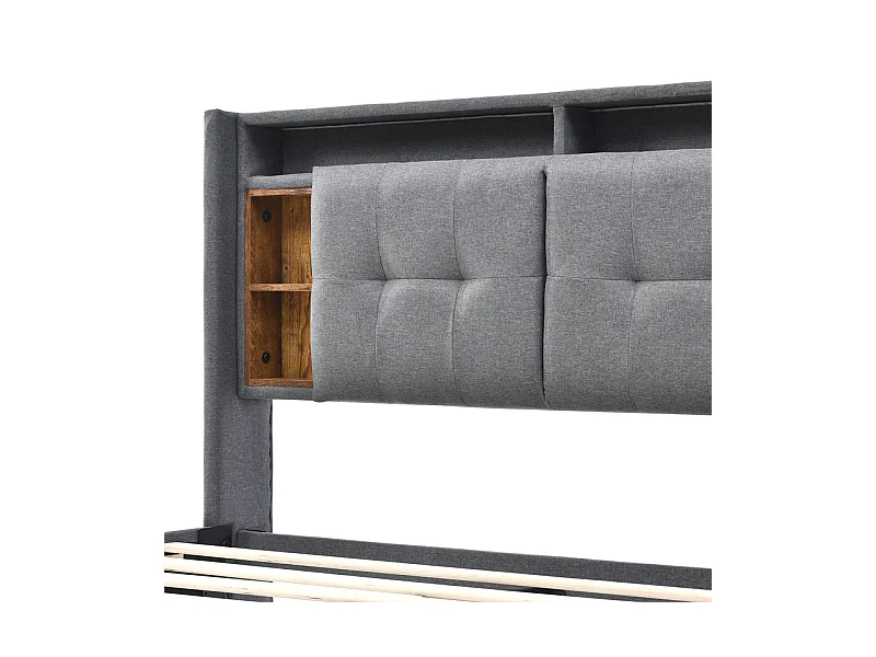 Lit rembourré 140x200cm en Lin Gris, tête de rangement avec LED + charge USB/Type-c/Prise EU, Charge max 200kg