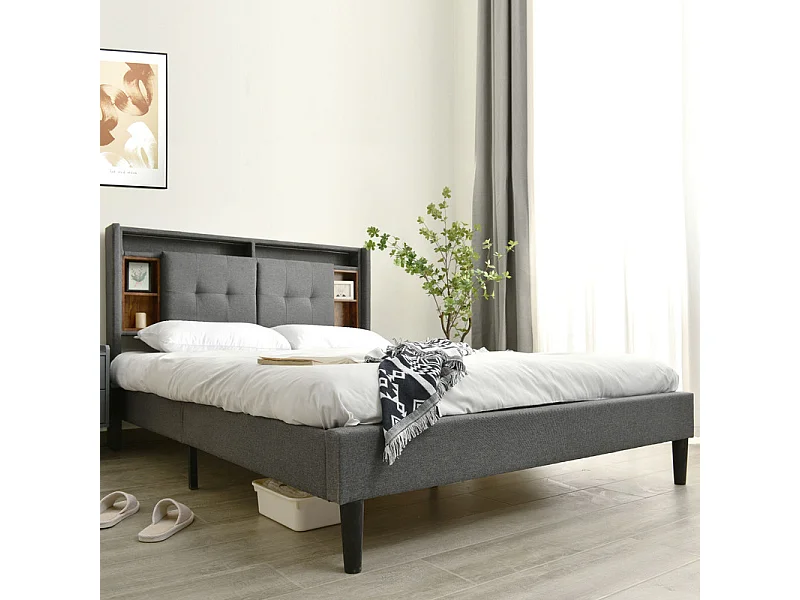 Lit rembourré 140x200cm en Lin Gris, tête de rangement avec LED + charge USB/Type-c/Prise EU, Charge max 200kg