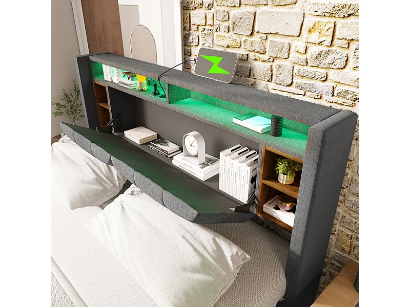 Lit rembourré 140x200cm en Lin Gris, tête de rangement avec LED + charge USB/Type-c/Prise EU, Charge max 200kg