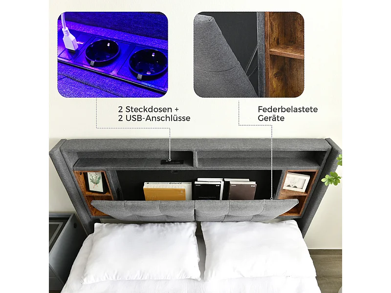 Lit rembourré 140x200cm en Lin Gris, tête de rangement avec LED + charge USB/Type-c/Prise EU, Charge max 200kg