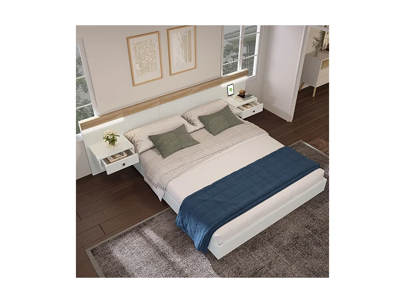 Lit double 140x200cm avec chevets + LED + Port de charge USB + Type-C + Prise EU, Blanc et Chêne
