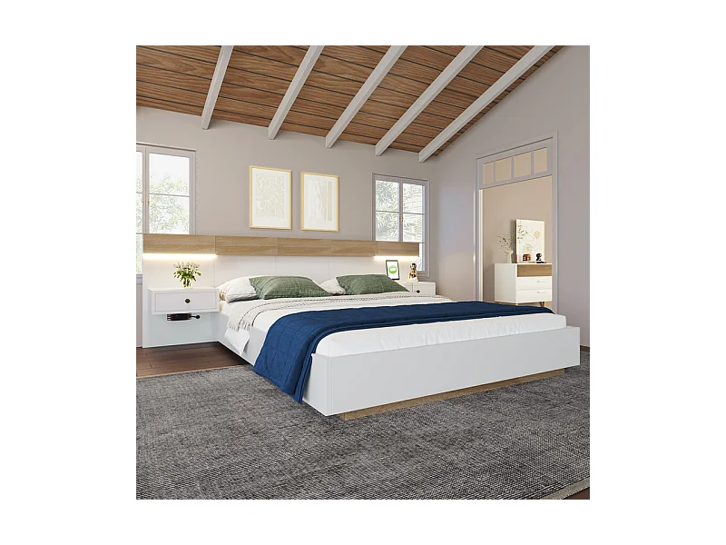 Lit double 140x200cm avec chevets + LED + Port de charge USB + Type-C + Prise EU, Blanc et Chêne