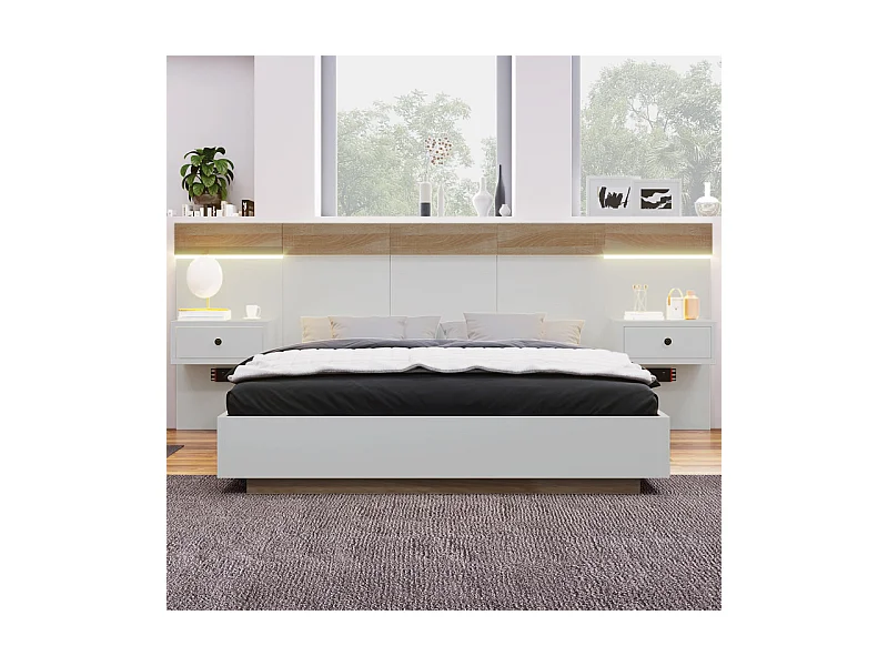 Lit double 140x200cm avec chevets + LED + Port de charge USB + Type-C + Prise EU, Blanc et Chêne