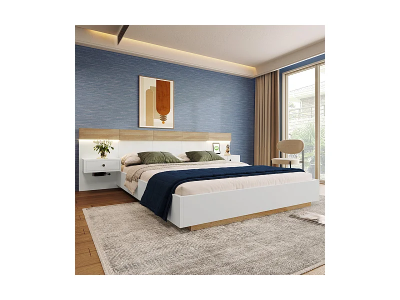Doppelbett 140x200 cm mit Nachttischen + LED + USB-Ladeport + Type-C + EU-Steckdose, Weiß und Eiche