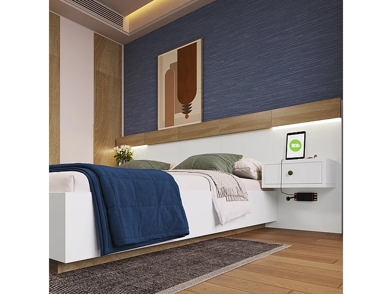 Doppelbett 140x200 cm mit Nachttischen + LED + USB-Ladeport + Type-C + EU-Steckdose, Weiß und Eiche