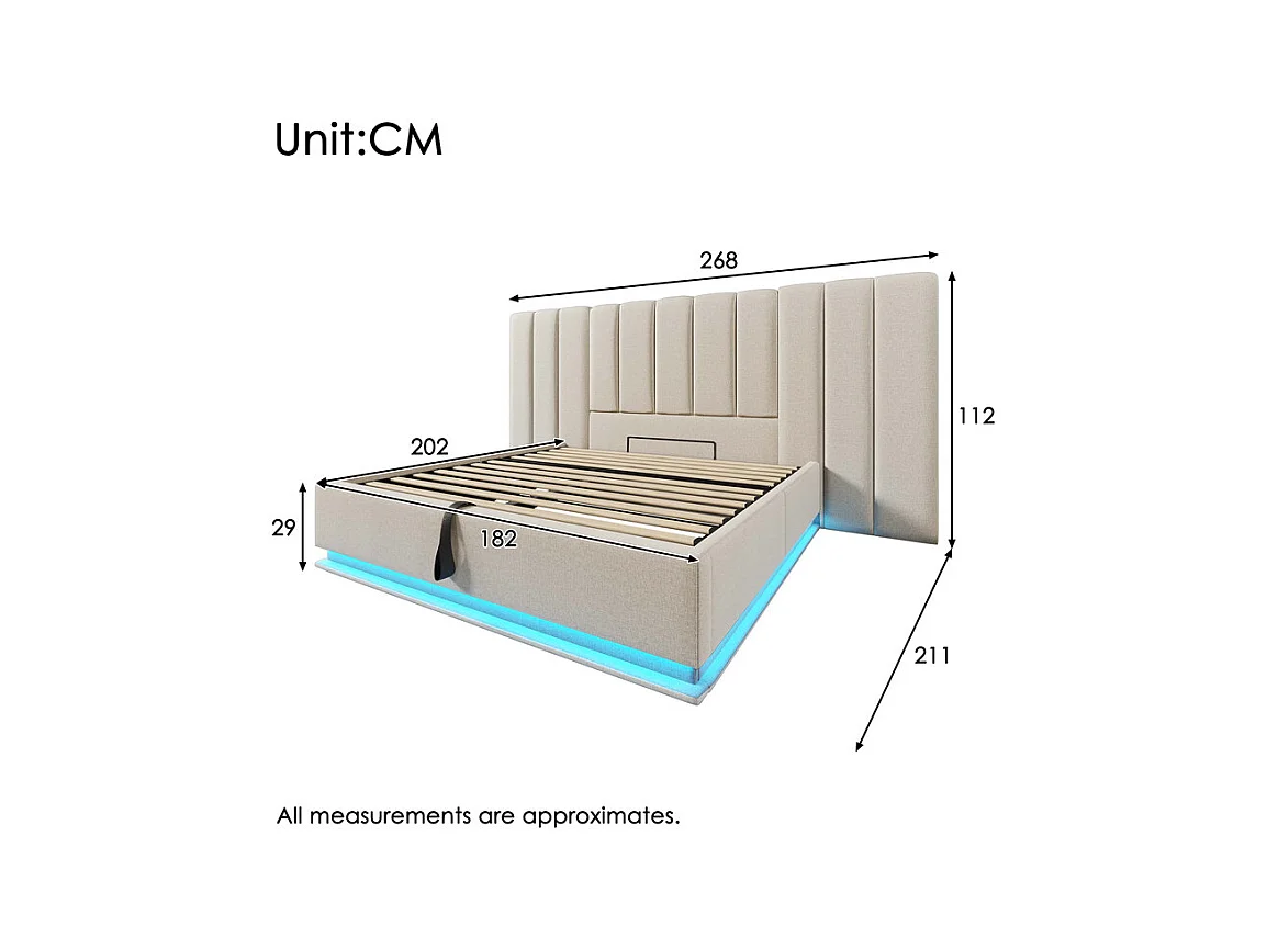 Lit coffre double 180x200cm avec LED et charge USB/Type-C - Tissu en Lin - charge max 300kg - Beige