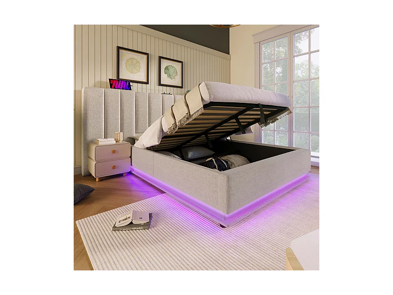 Lit coffre double 180x200cm avec LED et charge USB/Type-C - Tissu en Lin - charge max 300kg - Beige