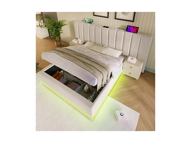 Lit coffre double 180x200cm avec LED et charge USB/Type-C - Tissu en Lin - charge max 300kg - Beige