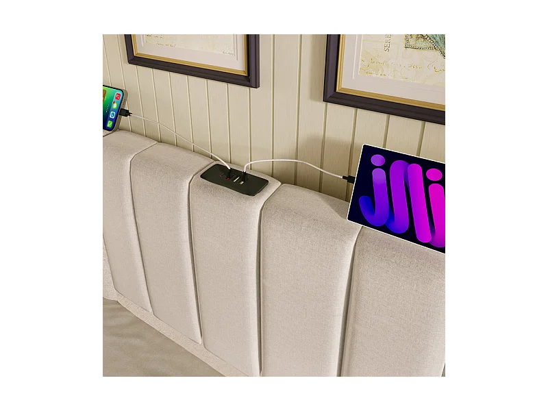 Lit coffre double 180x200cm avec LED et charge USB/Type-C - Tissu en Lin - charge max 300kg - Beige