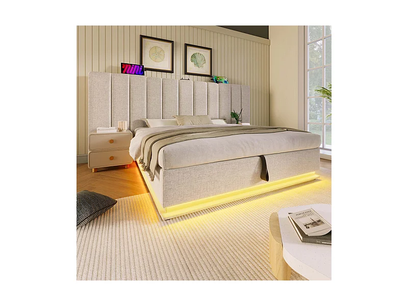 Lit coffre double 180x200cm avec LED et charge USB/Type-C - Tissu en Lin - charge max 300kg - Beige