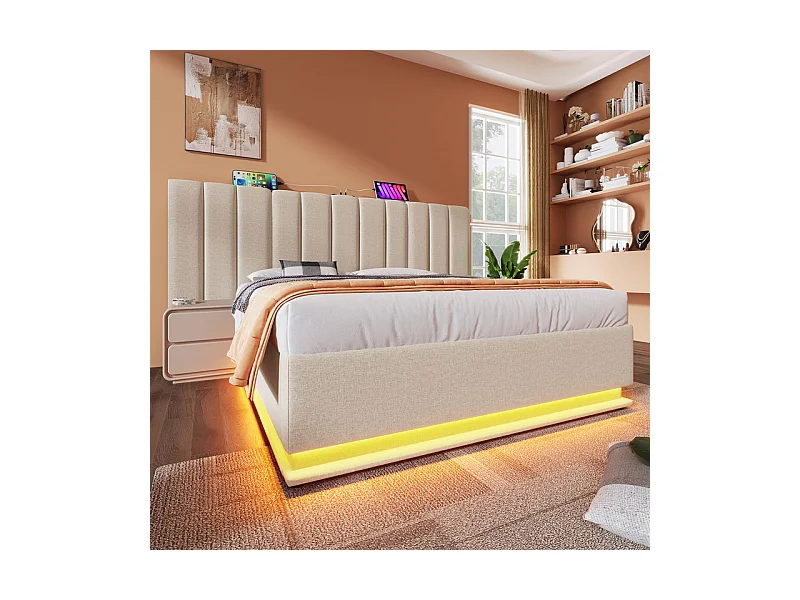 Lit coffre double 180x200cm avec LED et charge USB/Type-C - Tissu en Lin - charge max 300kg - Beige