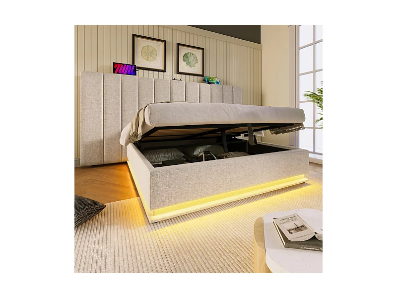 Lit coffre double 180x200cm avec LED et charge USB/Type-C - Tissu en Lin - charge max 300kg - Beige