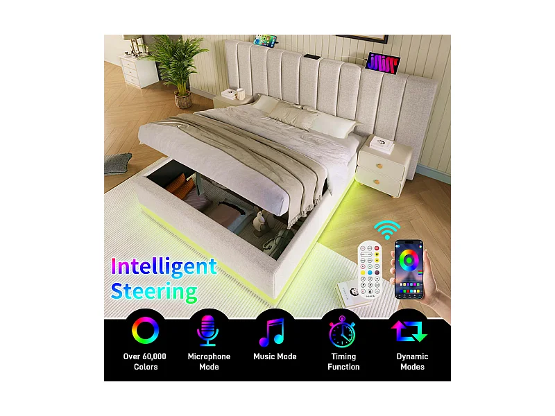 Lit coffre double 180x200cm avec LED et charge USB/Type-C - Tissu en Lin - charge max 300kg - Beige