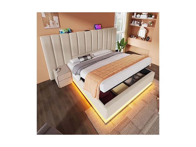 Cama de casal com baú 180x200 cm com LED e carga USB/Type-C - Tecido em linho - Carga máxima 300 kg - Bege