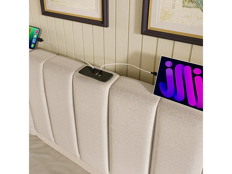 Lit coffre double 180x200cm avec LED et charge USB/Type-C - Tissu en Lin - charge max 300kg - Beige