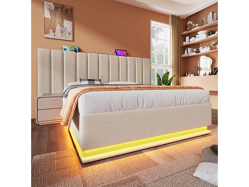 Lit coffre double 180x200cm avec LED et charge USB/Type-C - Tissu en Lin - charge max 300kg - Beige