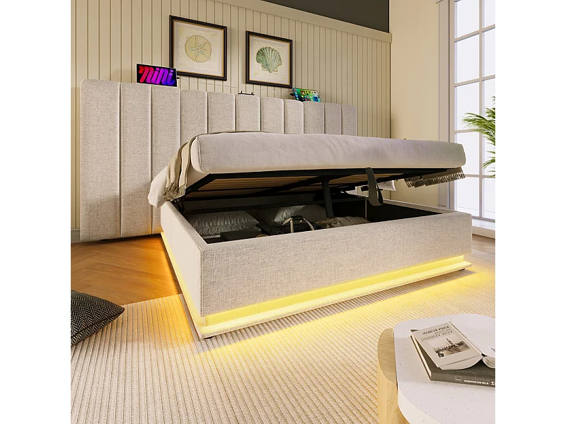 Lit coffre double 180x200cm avec LED et charge USB/Type-C - Tissu en Lin - charge max 300kg - Beige