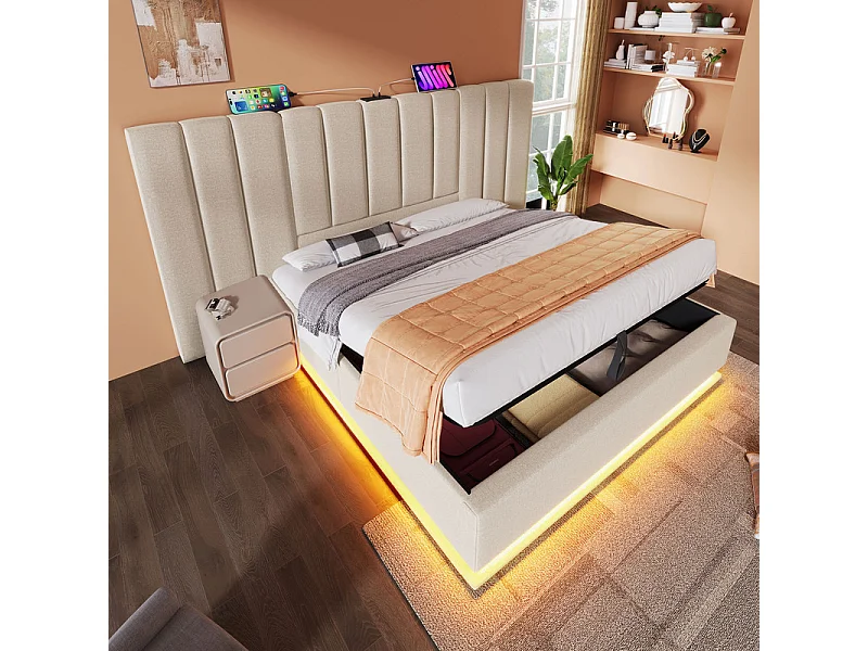 Letto matrimoniale contenitore 180x200 cm con LED e carica USB/Type-C - Tessuto in lino - Carico max 300 kg - Beige