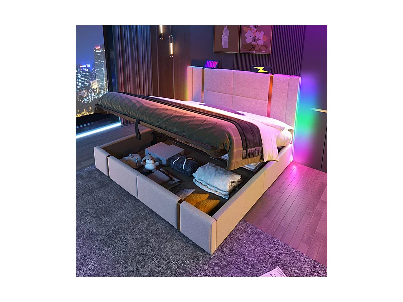 Lit coffre 140x200cm en lin beige, avec RGB LED et charge USB/Type-c, cadre à latte en bois