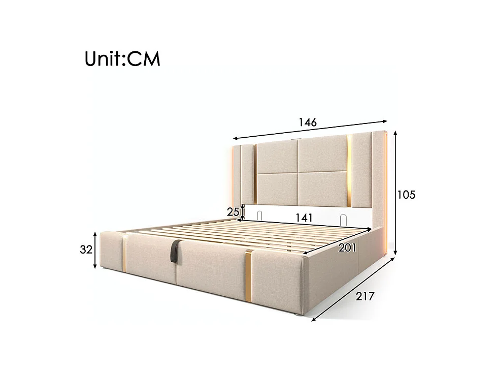 Lit coffre 140x200cm en lin beige, avec RGB LED et charge USB/Type-c, cadre à latte en bois