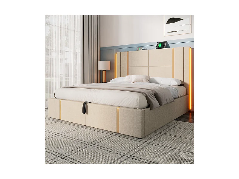 Lit coffre 140x200cm en lin beige, avec RGB LED et charge USB/Type-c, cadre à latte en bois