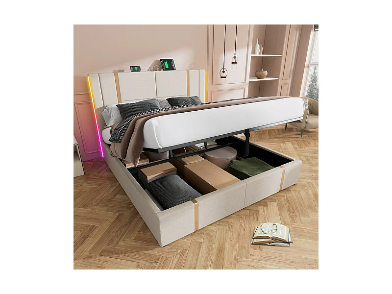 Lit coffre 140x200cm en lin beige, avec RGB LED et charge USB/Type-c, cadre à latte en bois