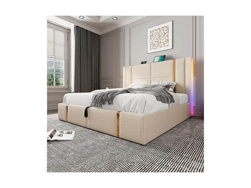 Lit coffre 140x200cm en lin beige, avec RGB LED et charge USB/Type-c, cadre à latte en bois