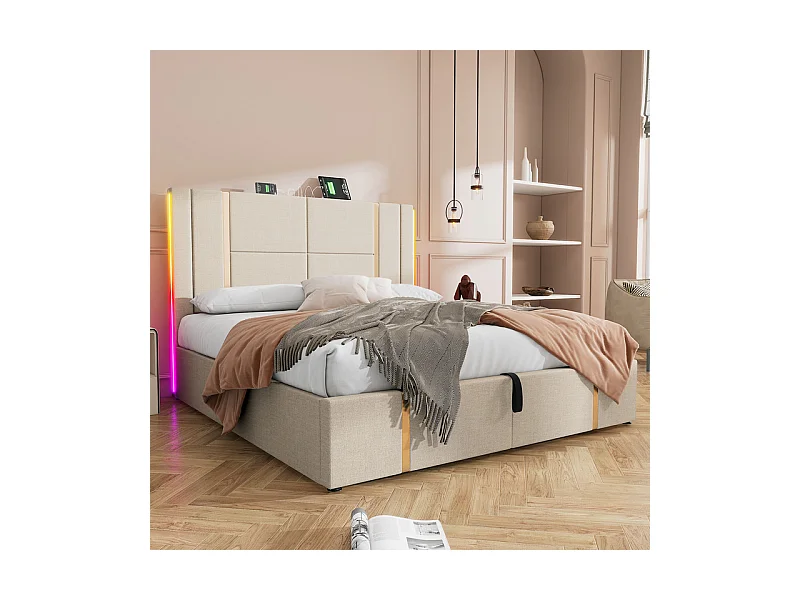 Lit coffre 140x200cm en lin beige, avec RGB LED et charge USB/Type-c, cadre à latte en bois