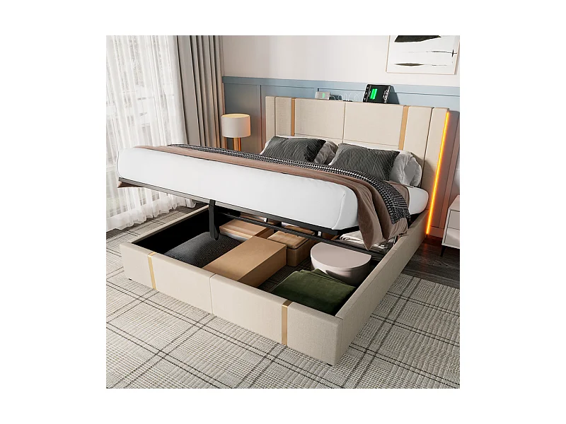 Lit coffre 140x200cm en lin beige, avec RGB LED et charge USB/Type-c, cadre à latte en bois