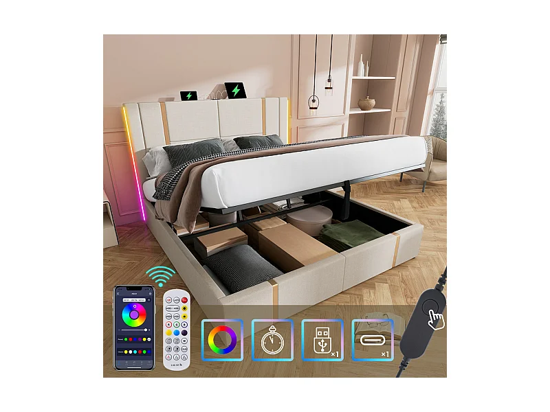 Lit coffre 140x200cm en lin beige, avec RGB LED et charge USB/Type-c, cadre à latte en bois