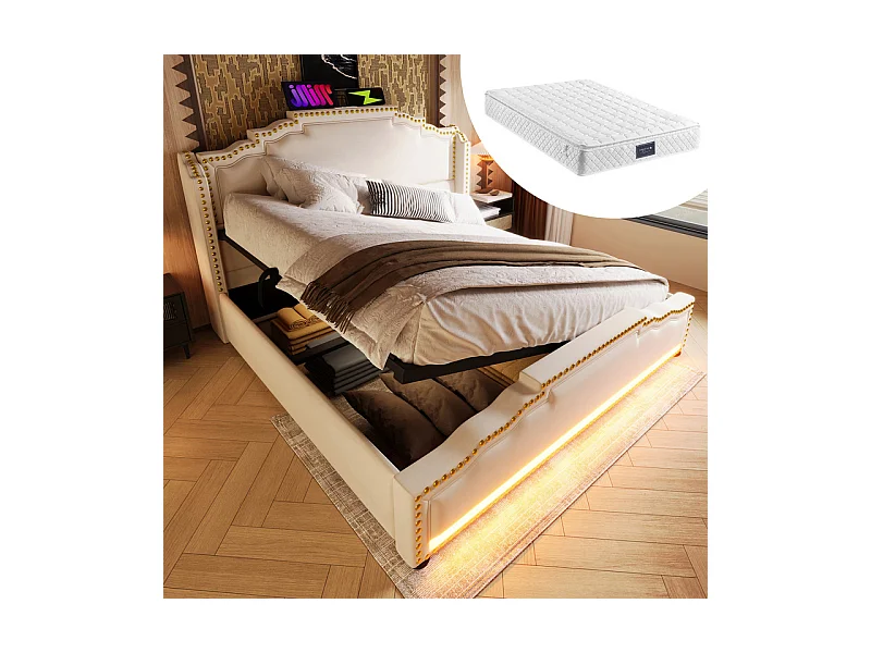 Lit coffre + matelas 140x200cm en velours beige - ouvert à gauche ou à droite - avec LED et charge USB/Type-c