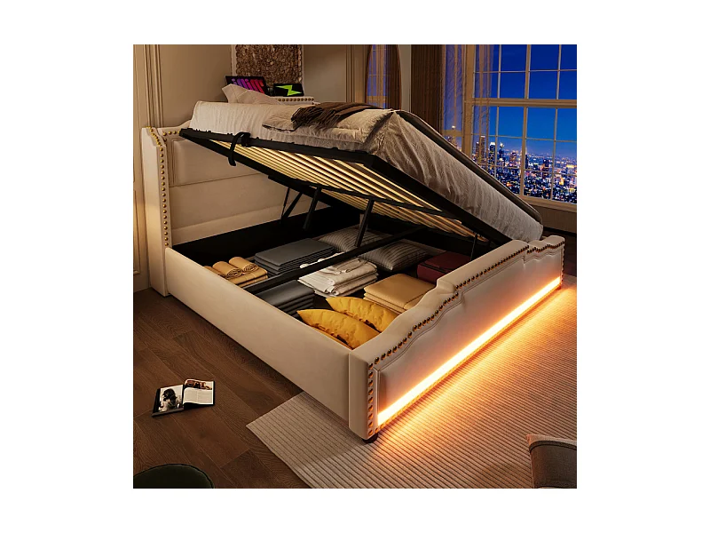Lit coffre + matelas 140x200cm en velours beige - ouvert à gauche ou à droite - avec LED et charge USB/Type-c