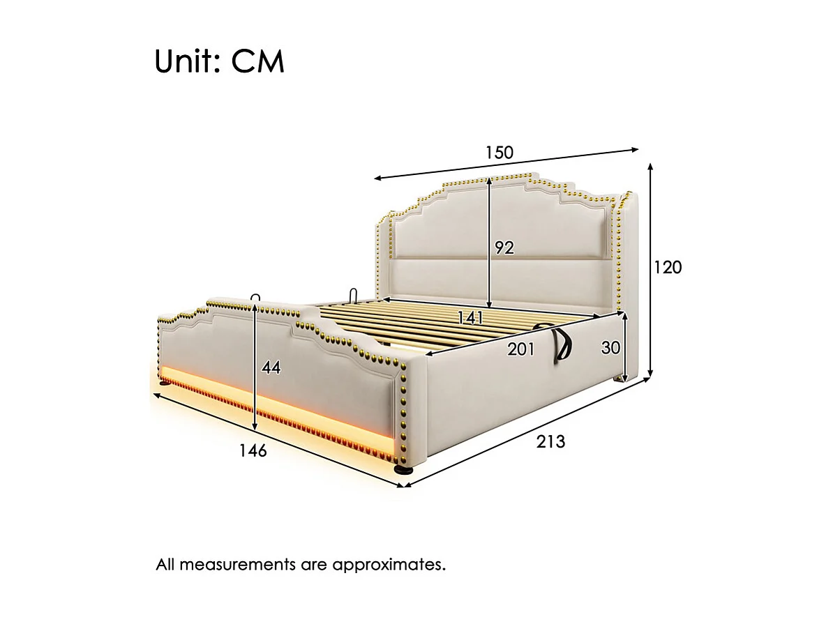 Lit coffre + matelas 140x200cm en velours beige - ouvert à gauche ou à droite - avec LED et charge USB/Type-c