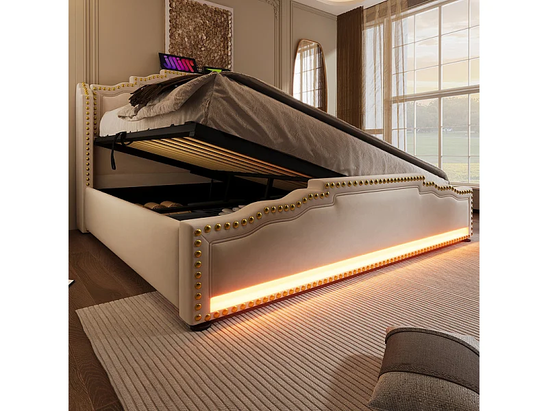 Lit coffre + matelas 140x200cm en velours beige - ouvert à gauche ou à droite - avec LED et charge USB/Type-c