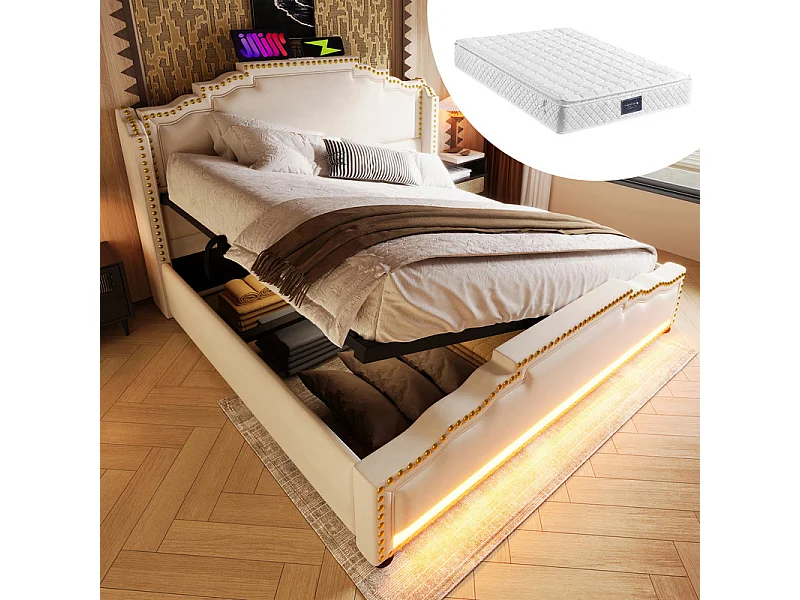 Bett mit Bettkasten + Matratze 140x200 cm in Samt Beige - Links oder rechts öffenbar - Mit LED und USB/Type-C-Ladung