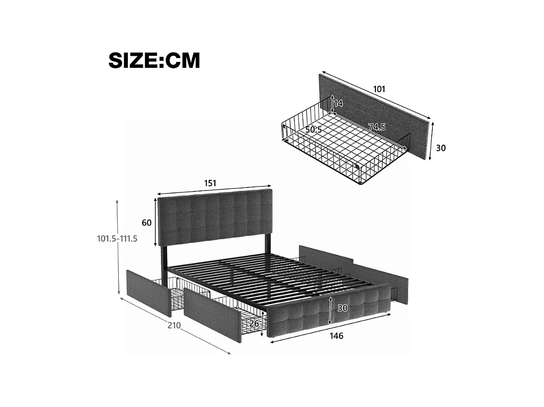 Lit double + matelas 140x200cm avec 4 tiroirs - tête de lit réglable - cadre à latte en métal - Lin - Gris