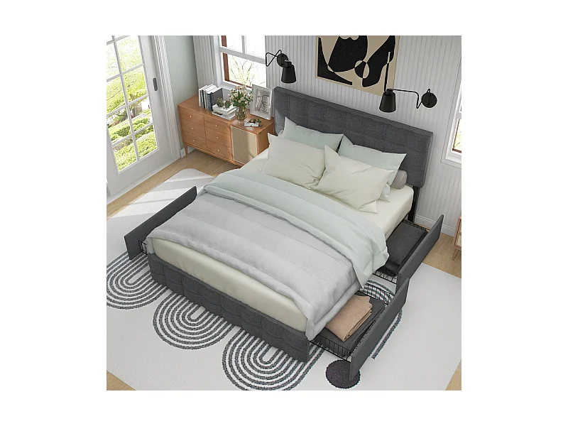 Lit double + matelas 140x200cm avec 4 tiroirs - tête de lit réglable - cadre à latte en métal - Lin - Gris