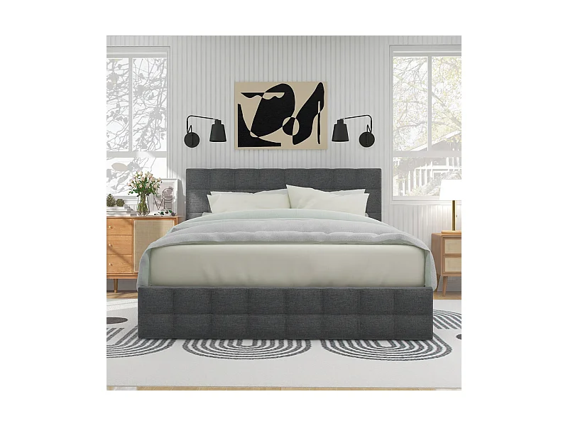 Lit double + matelas 140x200cm avec 4 tiroirs - tête de lit réglable - cadre à latte en métal - Lin - Gris