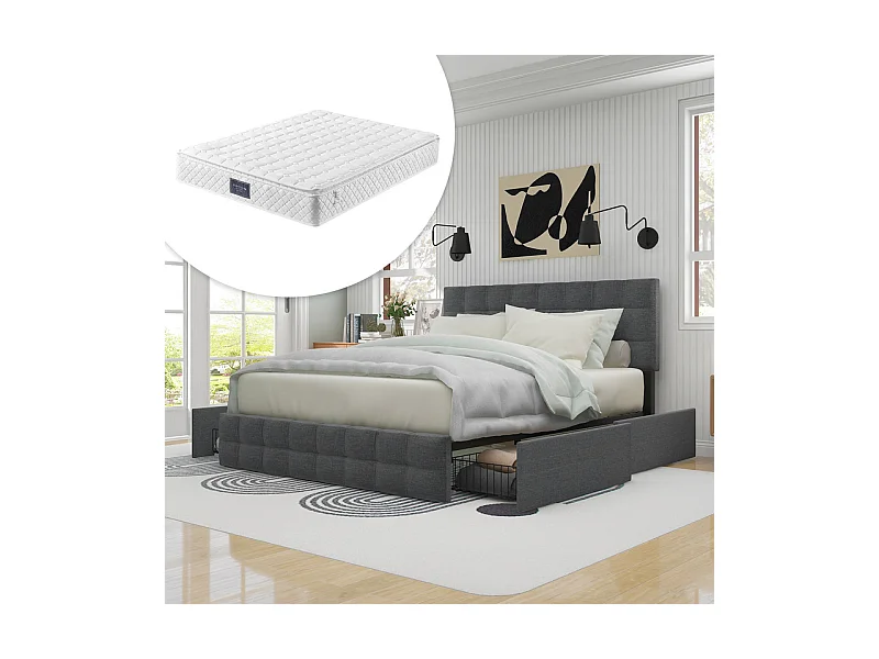 Cama doble + colchón 140x200 cm con 4 cajones - Cabecero ajustable - Estructura de láminas de metal - Lino - Gris