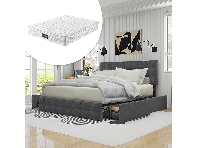 Lit double + matelas 140x200cm avec 4 tiroirs - tête de lit réglable - cadre à latte en métal - Lin - Gris