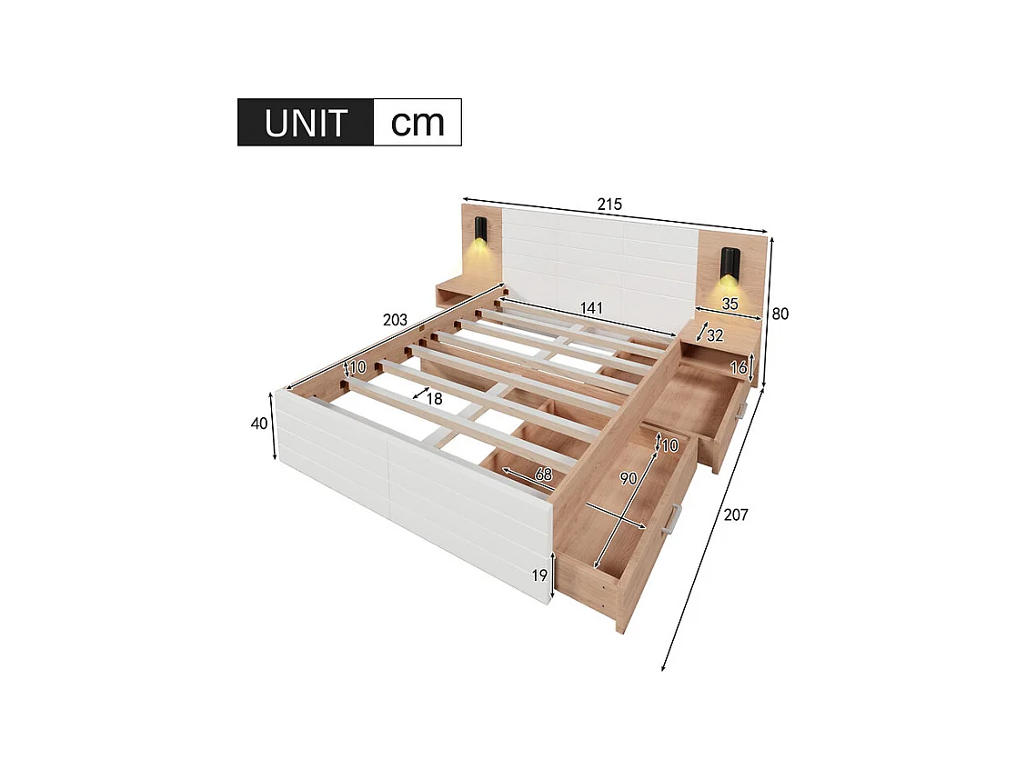 Lit coffre avec chevets 140x200cm - 2 grand tiroirs - Avec lampe de lecture 360° et charge USB - Blanc et naturel